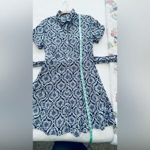 Sigrid Olsen 100% Linen Navy and White Belted Shirt Dress Sz M